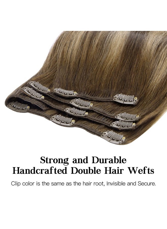 hotbanana - Human Hair Clip In Hair Extensions Balayage Chocolate Brown With Honey Blonde 120G Clip In Hair Extensions Real Human Hair Straight Remy Hair Clip Ins Dark Roots Ombre 16 Inch 7Pcs - Image 1