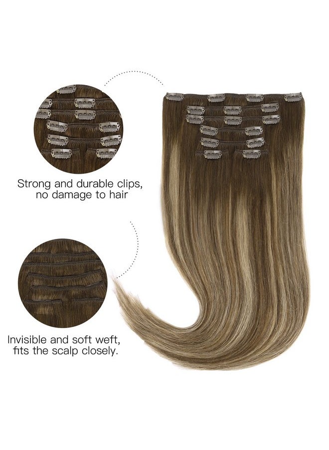 hotbanana - Human Hair Clip In Hair Extensions Balayage Chocolate Brown With Honey Blonde 120G Clip In Hair Extensions Real Human Hair Straight Remy Hair Clip Ins Dark Roots Ombre 16 Inch 7Pcs - Image 1