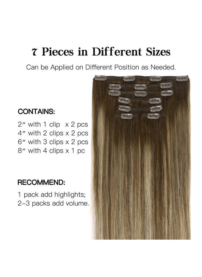 hotbanana - Human Hair Clip In Hair Extensions Balayage Chocolate Brown With Honey Blonde 120G Clip In Hair Extensions Real Human Hair Straight Remy Hair Clip Ins Dark Roots Ombre 16 Inch 7Pcs - Image 1