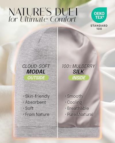 OLESILK 100 Mulberry Silk Bonnet for Sleeping Women Silk Hair Wrap for Sleeping Silk Sleep Bonnet for WomenMen Real Silk Not Satin Light Grey - Image 3