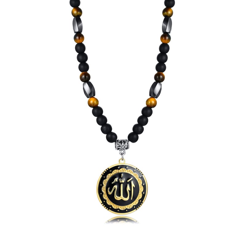 MEALGUET Allah Medallion Necklace, Stainless Steel Islamic Jewelry,Arabic Jewelry,Allah Name of God Round Pendant Necklace for Women and Men with Agate Beaded Chain, Muslim Gift Jewelry, Gift - Image 1