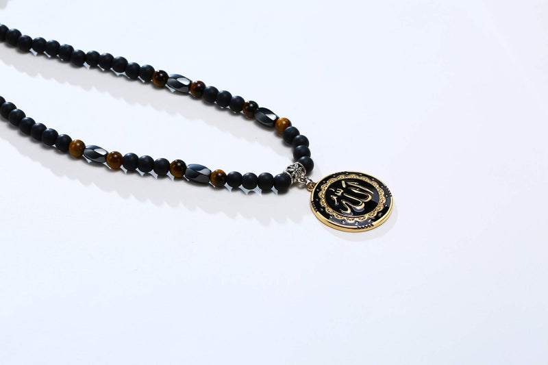 MEALGUET Allah Medallion Necklace, Stainless Steel Islamic Jewelry,Arabic Jewelry,Allah Name of God Round Pendant Necklace for Women and Men with Agate Beaded Chain, Muslim Gift Jewelry, Gift - Image 4