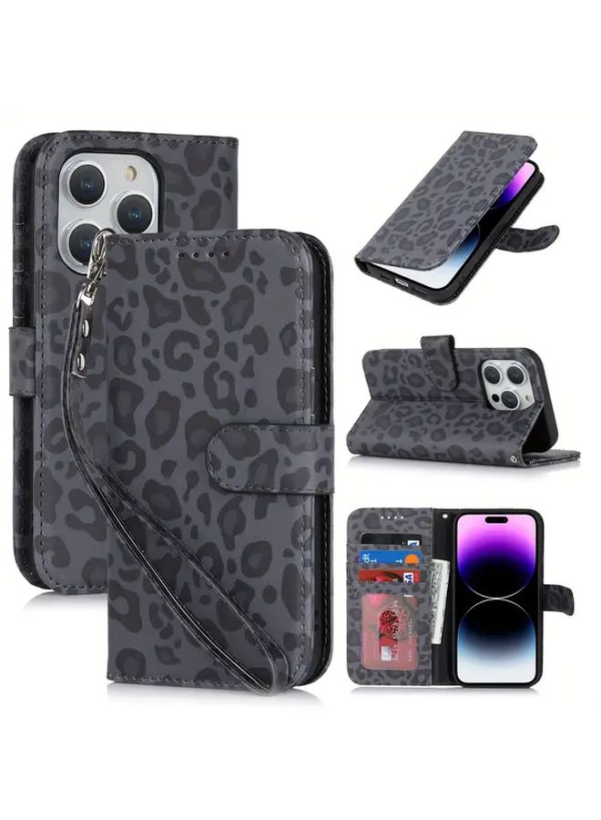 Leopard Print Phone Wallet Case For iPhone 11 Pro Max Black With Card Slots And Magnetic Stand - Image 1