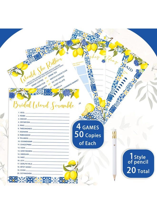Silipull Bridal Shower Games Set for 50 Guests Includes Bingo, He Said She Said, Scramble, Would She Rather, Advice and Wishes Wedding Games Double Sided with Wooden Box, 20 Pencils (Lemon) - Image 2