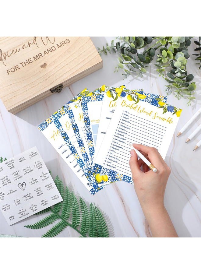 Silipull Bridal Shower Games Set for 50 Guests Includes Bingo, He Said She Said, Scramble, Would She Rather, Advice and Wishes Wedding Games Double Sided with Wooden Box, 20 Pencils (Lemon) - Image 5