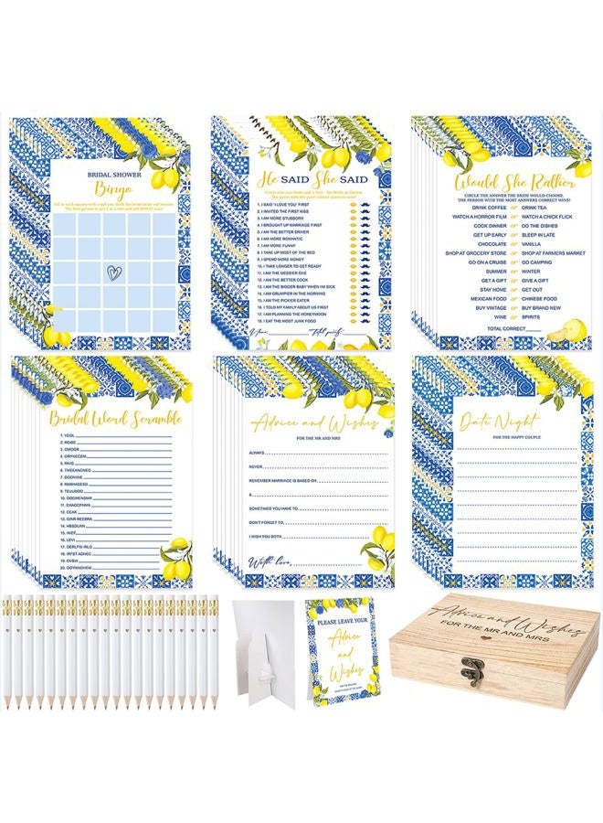 Silipull Bridal Shower Games Set for 50 Guests Includes Bingo, He Said She Said, Scramble, Would She Rather, Advice and Wishes Wedding Games Double Sided with Wooden Box, 20 Pencils (Lemon) - Image 1