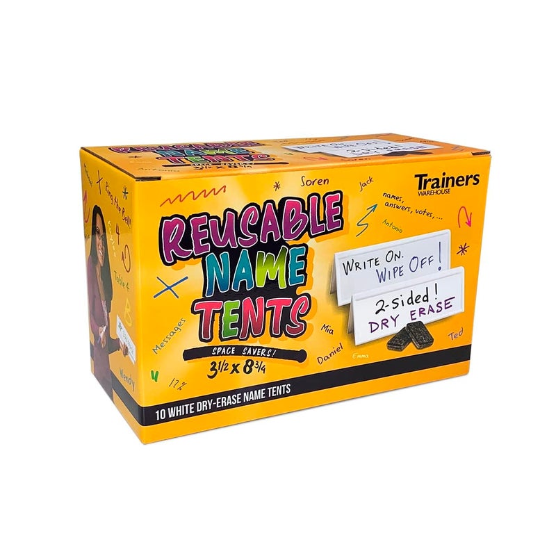 Trainers Warehouse Space-Saver Reusable Name Cards, White, Dry-Erase Tent, 8.75" x 3" (10) - Image 1
