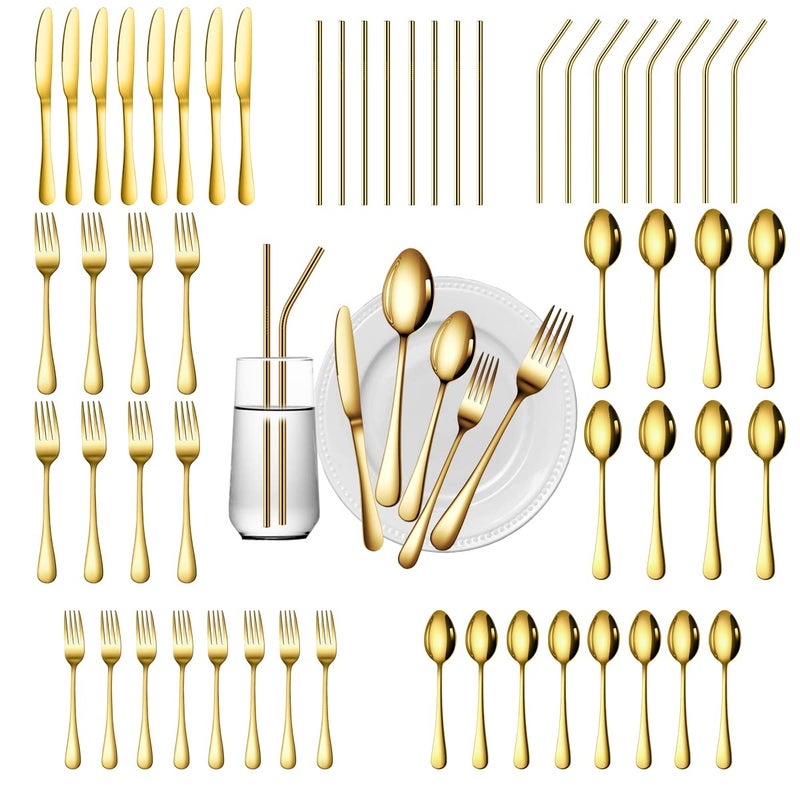 Gutuwellea 56 Pieces Gold Silverware Service for 8 Flatware Set with Straws Stainless Steel Utensils Cutlery Set Dishwasher Safe Flatware Gold 56