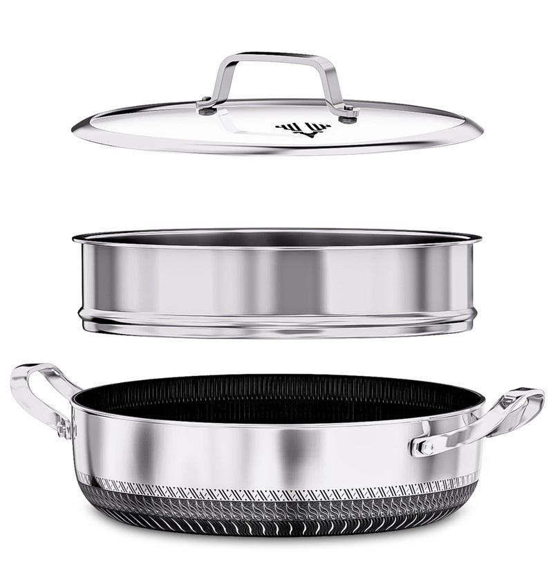 وعاء كسرولة مع غطاء وعاء مقاوم للفرن من الفولاذ المقاوم للصدأ هجين خالي من السموم مضاد للخدش غير لاصق 30 سم خالي من PFOA متوافق مع الحث طلاء ألماني C33 متعدد الوظائف مع بخار