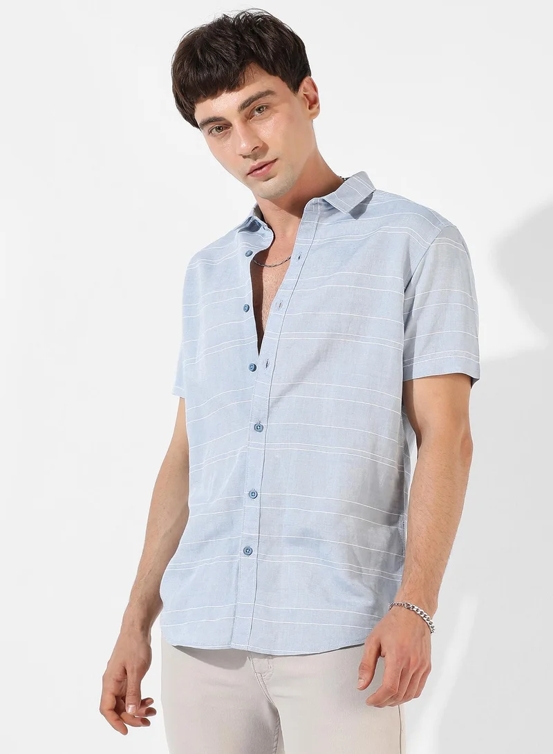 Men's Light Blue Textured Regular Fit Casual Shirt