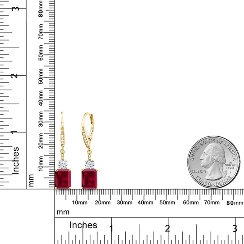 Gem Stone King 18K Yellow Gold Plated Silver Red Created Ruby Dangle Earrings For Women (5.60 Cttw, Gemstone July Birthstone, Emerald Cut 9X7MM) - Image 3