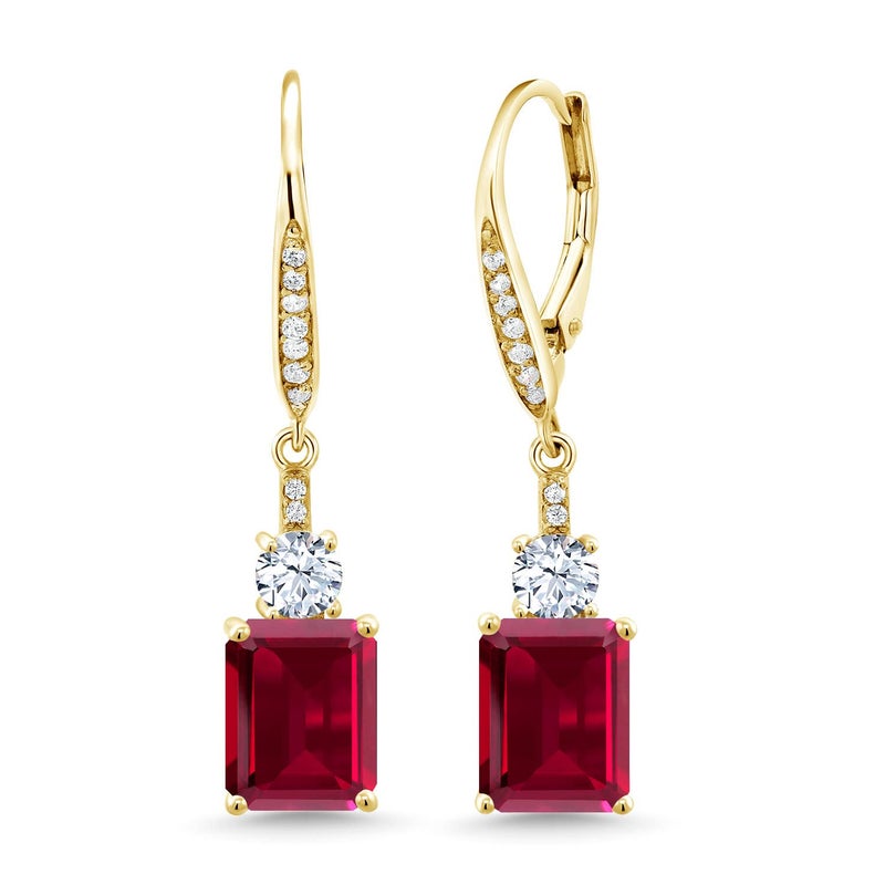 Gem Stone King 18K Yellow Gold Plated Silver Red Created Ruby Dangle Earrings For Women (5.60 Cttw, Gemstone July Birthstone, Emerald Cut 9X7MM) - Image 1