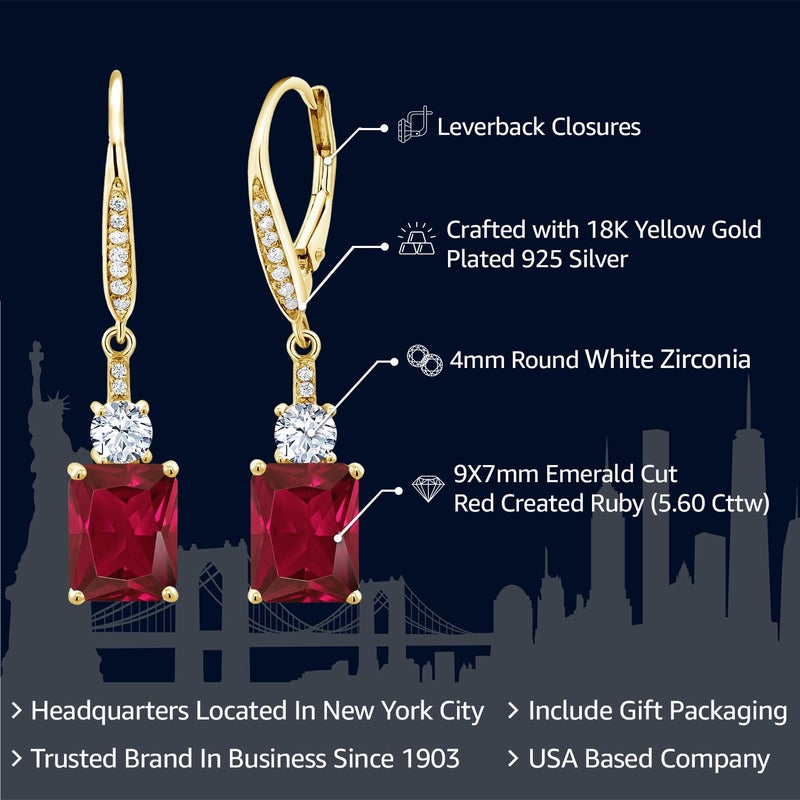 Gem Stone King 18K Yellow Gold Plated Silver Red Created Ruby Dangle Earrings For Women (5.60 Cttw, Gemstone July Birthstone, Emerald Cut 9X7MM) - Image 2