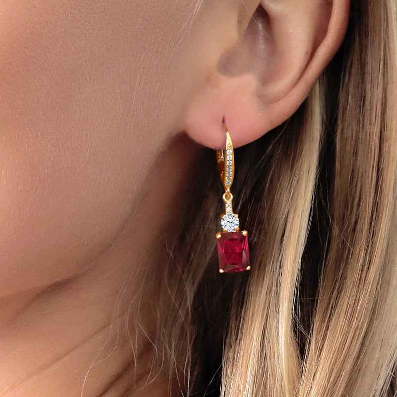 Gem Stone King 18K Yellow Gold Plated Silver Red Created Ruby Dangle Earrings For Women (5.60 Cttw, Gemstone July Birthstone, Emerald Cut 9X7MM) - Image 4