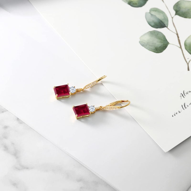 Gem Stone King 18K Yellow Gold Plated Silver Red Created Ruby Dangle Earrings For Women (5.60 Cttw, Gemstone July Birthstone, Emerald Cut 9X7MM) - Image 5