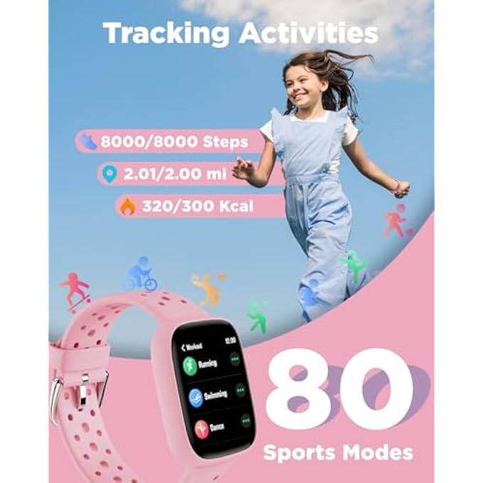 rayihni Smartwatch Kids, 1.8 Inch Smartwatch Watch Pedometer, 24/7 Pulse, Sleep Monitor, Vibration Alarm, Ip68 Waterproof, Puzzle Games With/Without App, For Girls Teens 5-16, Pink - Image 4