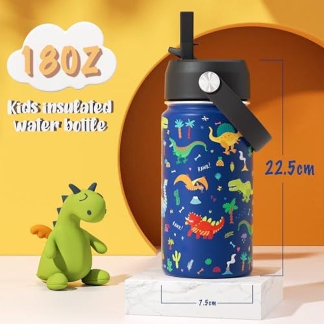 Ofrdncy 530ml Kids Insulated Water Bottle, 2 Lids Included, 18oz Stainless Steel Travel Tumbler with Straw - Image 4