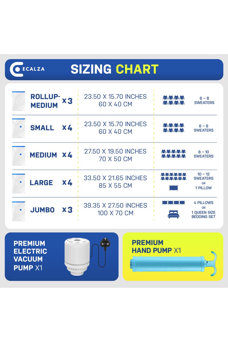 ECALZA Vacuum Storage Bags - Pack of 20 (3Jumbo/5Large/5Medium/3Small/2Roll Up/2Pumps) Re-usable Travel Compression Storage Bags For Clothes, Comforters & Blankets, Space Saver Bags with Hand Pump - Image 2