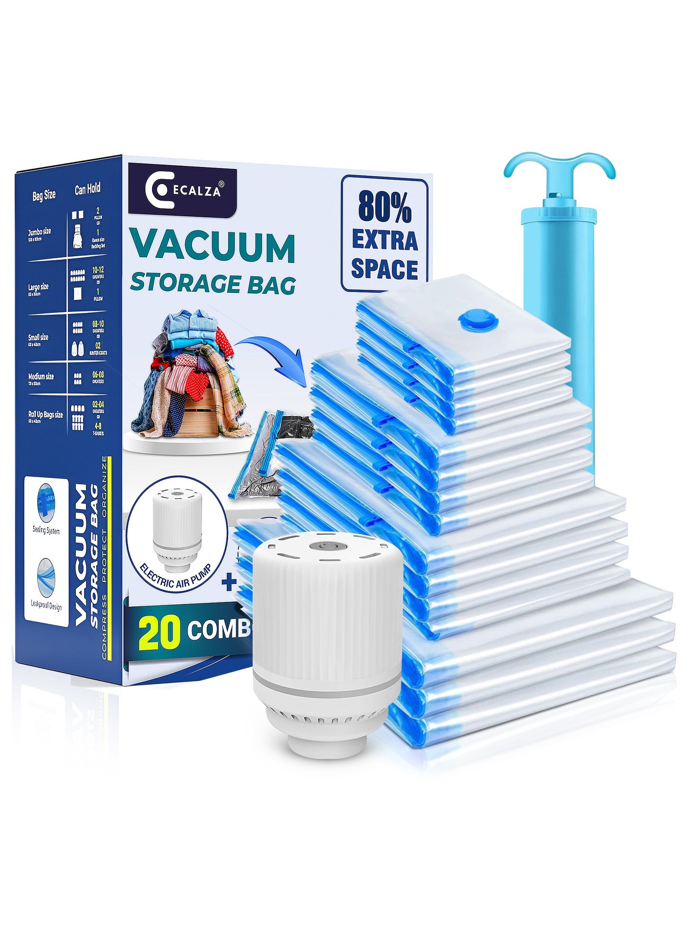 Vacuum Storage Bags - Pack of 20 (3Jumbo/5Large/5Medium/3Small/2Roll Up/2Pumps) Re-usable Travel Compression Storage Bags For Clothes, Comforters & Blankets, Space Saver Bags with Hand Pump