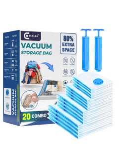 اكالزا أكياس تخزين الفراغ ECALZA® - عبوة من 20 (3 جامبو / 5 كبيرة / 5 متوسطة / 3 صغيرة / 2 لفة / 2 مضخات) أكياس تخزين ضغط السفر القابلة لإعادة الاستخدام للملابس والألحفة والبطانيات وأكياس توفير المساحة مع مضخة يدوية  - Image 1