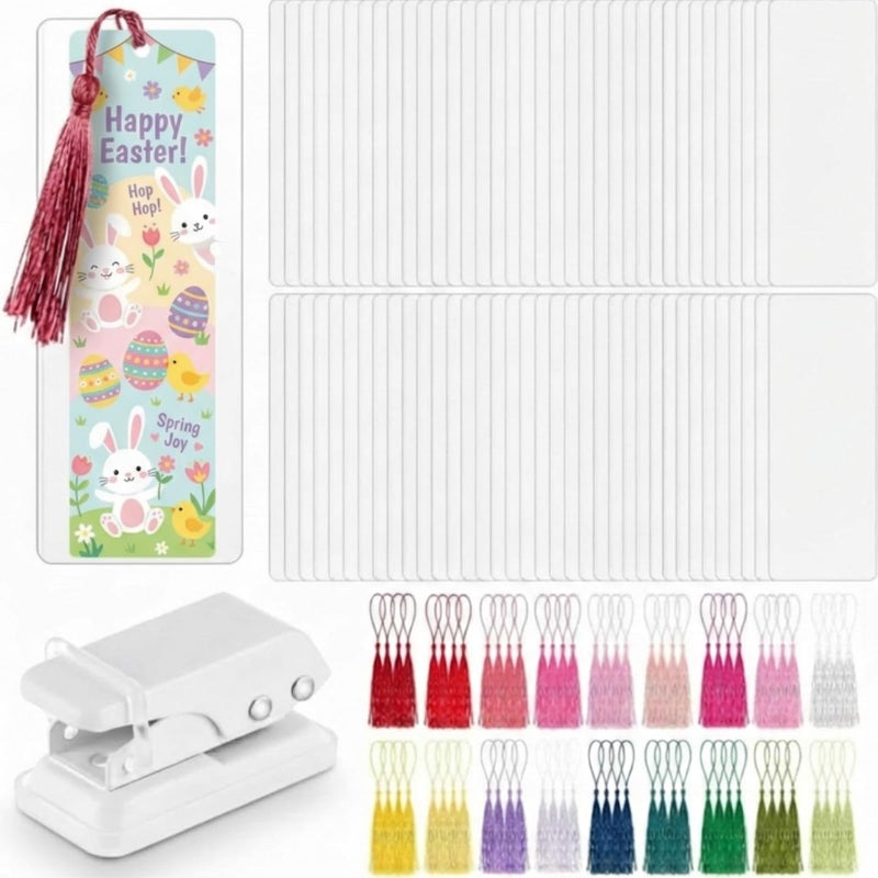Fuyoooo 101 Pcs DIY Bookmark Making Kit Bookmark Laminating Pouches 5 Mil Hot Laminator Sleeves with Rainbow Tassels and Puncher Fit Most Pouch Laminating Machines Easter Gift(2.36 x 6.3 Inch) - Image 1