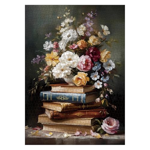 Larkipuzz Vintage Books Flower Puzzles for Adults 1000 Pieces Beautiful Retro Wildflower Pages Jigsaw Puzzles Art Aesthetic Vase Floral Plant Painting Puzzle - Image 1