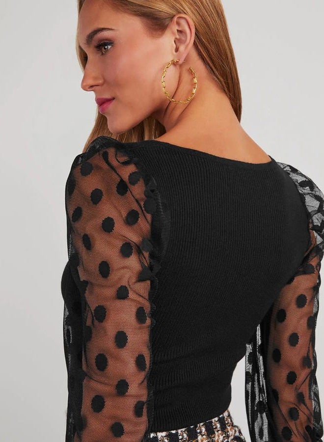 miduo Womens Tops Crewneck Lace Splicing Long Sleeve Top Shirts Slim Knit Ribbed Tops Blouses, C Black, M - Image 5