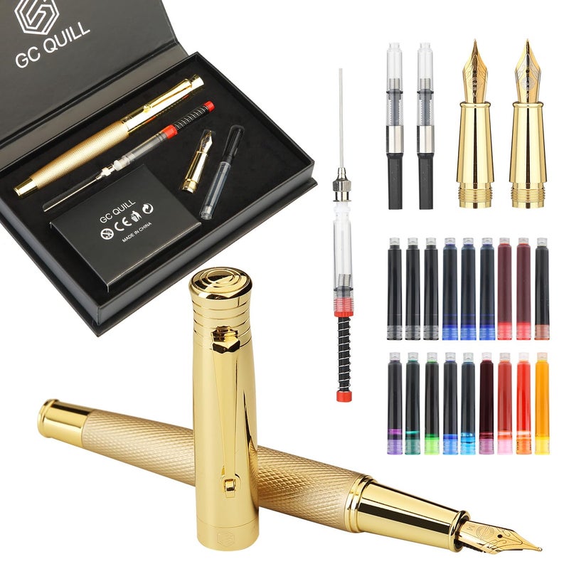 GC QUILL Fancy Fountain Pen Set â€“ Fine and Medium Nibs, 18 Ink Cartridges, Ink Converter, Syringe Filler, Luxury Pen Gift for Men Women, Nice Pen for Writing Journaling (Gold) - Image 1