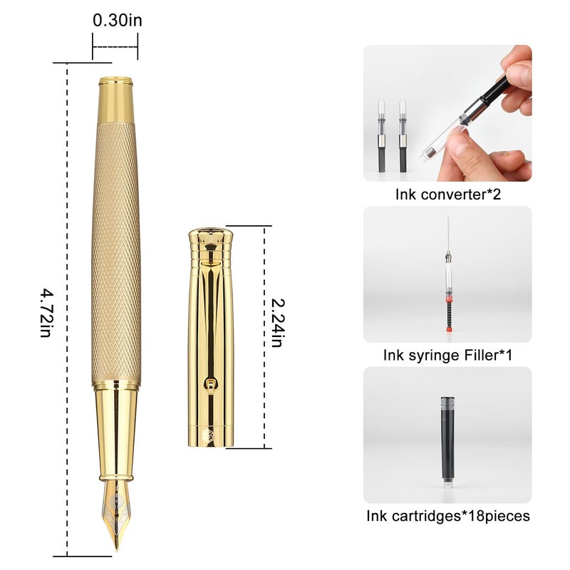 GC QUILL Fancy Fountain Pen Set â€“ Fine and Medium Nibs, 18 Ink Cartridges, Ink Converter, Syringe Filler, Luxury Pen Gift for Men Women, Nice Pen for Writing Journaling (Gold) - Image 3