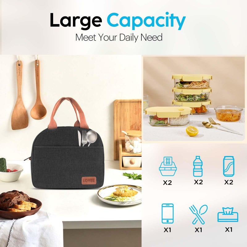 LOYEE Lunch Bag Lunch Box for Women & Men, Large Capacity Insulated Lunch Bag for Adult, Leakproof Reusable Lunch Tote Bags for Work/Office/Travel/Picnic (Black) - Image 3