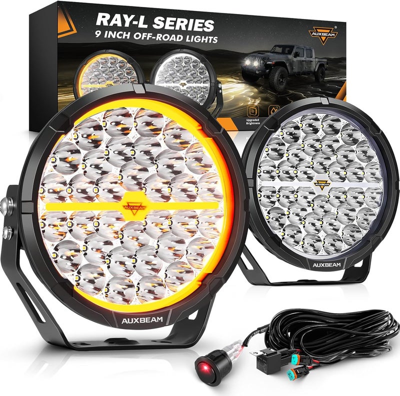 Auxbeam RAY-L Series 9 Inch LED Off-Road Lights, Amber White DRL 3 Modes, 318W 34180LM Round Offroad Lighting, Spot Beam Automotive Light Bar, for 4x4 Truck SUV ATV UTV, Pair - Image 1