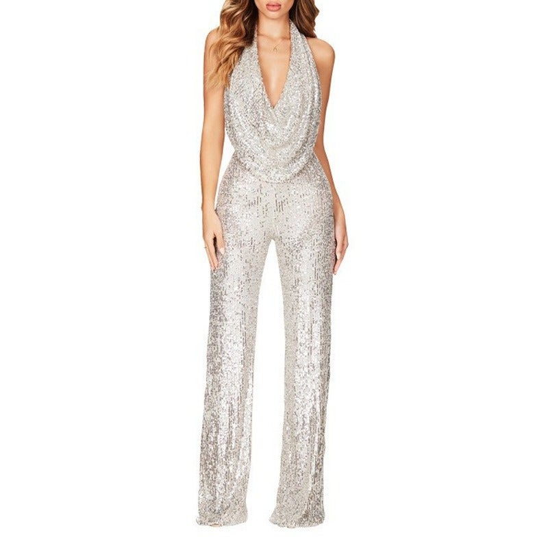 Women's Sleeveless Halter Sequin Jumpsuit - High Waist Straight Leg One Piece, Elegant Office & Evening Wear