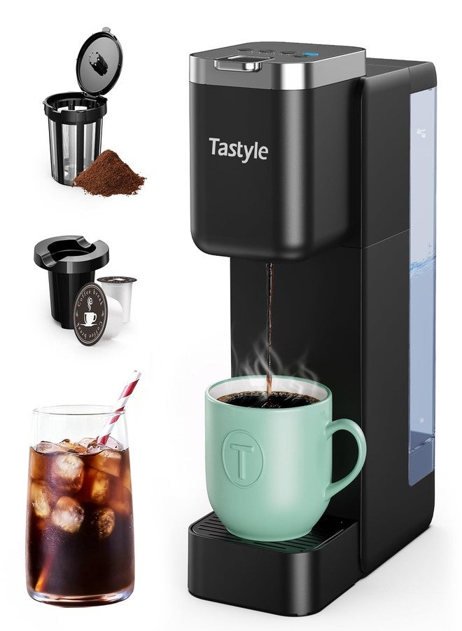 Tastyle Single Serve Coffee Maker, Iced and Hot Coffee Machine for K Cup & Grounds, Compact Design, 40oz Removable Water Reservoir, 6 to 24 Oz Brew Sizes, Fits 7.3" Travel Mug, Black - Image 1