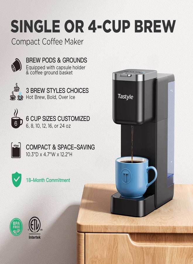 Tastyle Single Serve Coffee Maker, Iced and Hot Coffee Machine for K Cup & Grounds, Compact Design, 40oz Removable Water Reservoir, 6 to 24 Oz Brew Sizes, Fits 7.3" Travel Mug, Black - Image 2