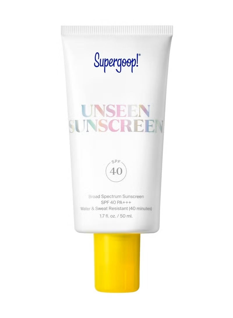 Supergoop! واقي الشمس Unseen SPF 40، 1.7 أونصة - واقي شمس للوجه خالٍ من الزيوت وخفيف الوزن وغير مرئي، آمن على الشعاب المرجانية، واسع الطيف، ومناسب لجميع أنواع البشرة - خالٍ من العطور - أساس ممتاز للمكياج - مناسب للحية