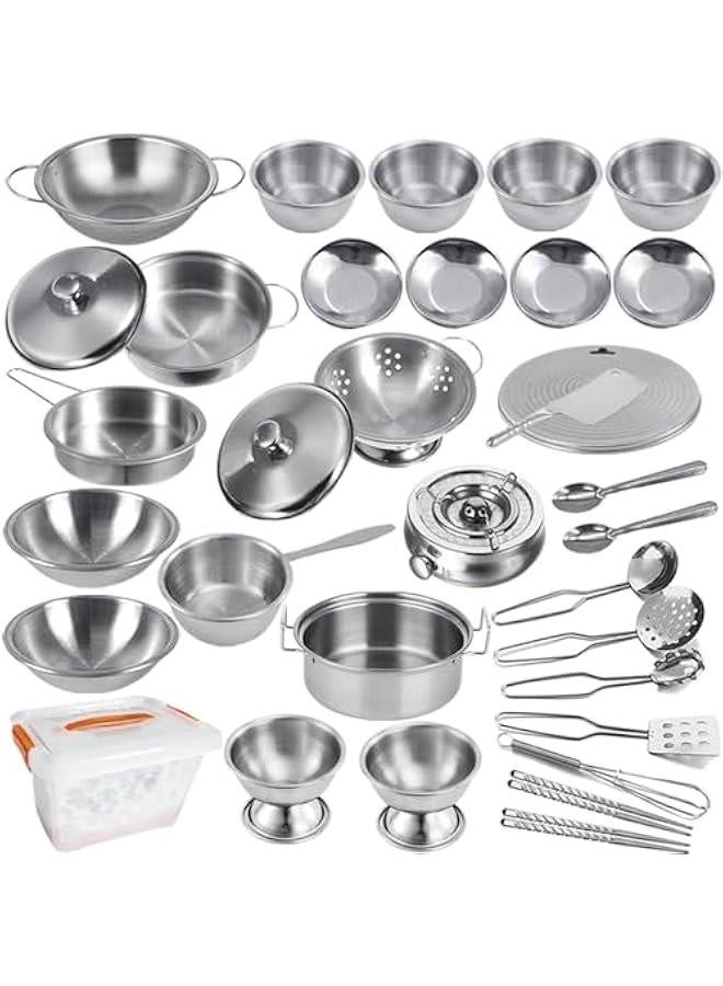Tiny Classic Stainless Steel Kitchen Toys Cooking Utensils Set-Pretend Play Pots Pans Toy Cookware Kits for Kids Cooking Utensil Set Interactive Learning Role Play Educational Toys for Kids Mini Siz - Image 1