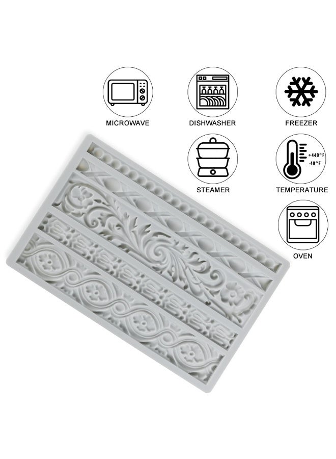 Neepanda DIY Baroque Scroll Relief Cake Border Silicone Molds, Baroque Style Curlicues Scroll Lace Fondant Silicone Mold, European Frame Cake Decorating Tools, Relief Flower Lace Mould Mat(Gray) - Image 3