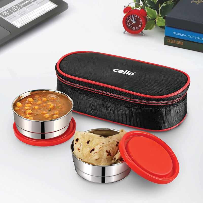 Cello CELLO Eco Bite Stainless Steel Lunch Box 2 Container with Jacket, Red | Microwave Safe & Leak Proof Containers | Full Meal and Easy to Carry  - Image 1