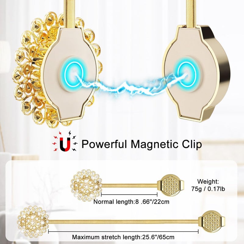 AULEEP Magnetic Curtain Tiebacks, 4 Pack Modern Metal Curtain Tie Backs, Indoor & Outdoor Use Decorative Drapes Clips Buckle with Crystal Flower Beads for Thin or Thick Curtains(Crystal Gold) - Image 2