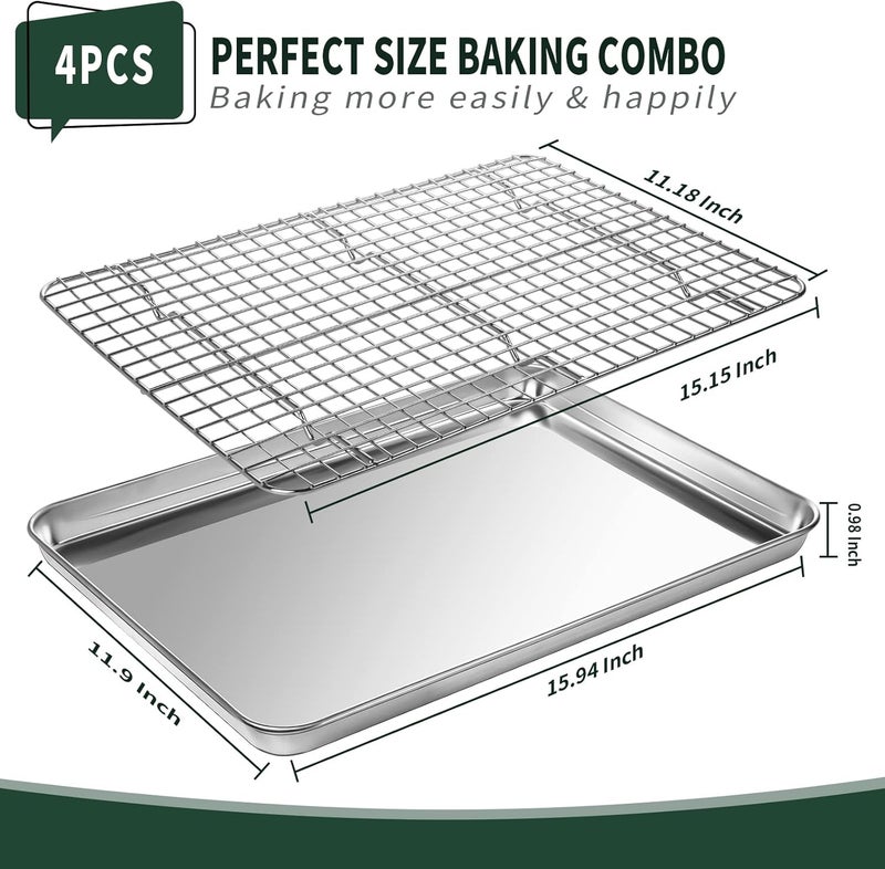 CEKEE Jelly Roll Pan with Cooling Rack Set [2 Baking Pans + 2 Baking Racks], Stainless Steel Baking Sheet Tray with Wire Rack Set, Commercial Quality, Rust Proof & Nonstick, Size 15.94 x 12 x 1 Inch - Image 2