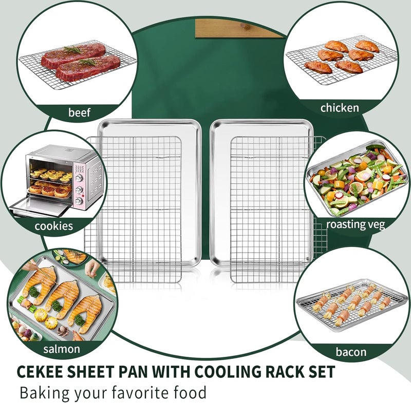 CEKEE Jelly Roll Pan with Cooling Rack Set [2 Baking Pans + 2 Baking Racks], Stainless Steel Baking Sheet Tray with Wire Rack Set, Commercial Quality, Rust Proof & Nonstick, Size 15.94 x 12 x 1 Inch - Image 5