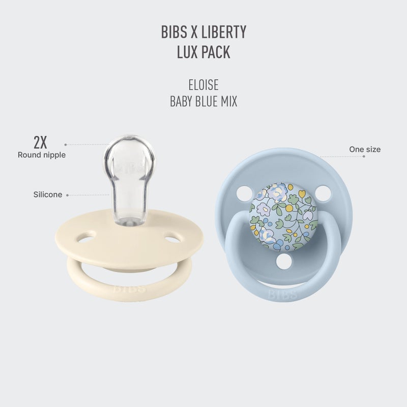BIBS De Lux Liberty Soother 2-Pack, BPA Free Dummy Pacifier, Round Nipple. Silicone, Made in Denmark, OneSize (0-36 Months), Eloise Baby Blue - Image 2