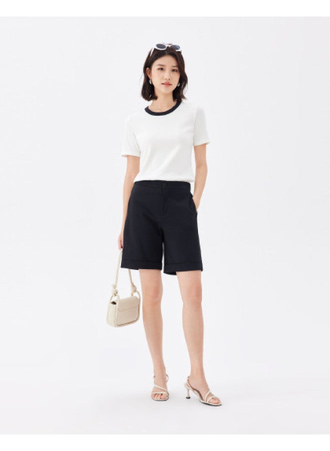 purcotton Summer Women'S Solid Color Knitted Shorts For Commuting And Leisure, A-Line Design Slimming And Leg-Shaping - Image 1