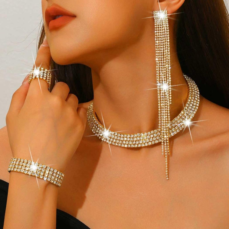 Unicra Rhinestone Bridal Wedding Jewelry Sets Gold Choker Necklace Earrings Bracelet Ring Set Prom Formal Costume Jewelry Set for Women and Brides (Gold) - Image 3