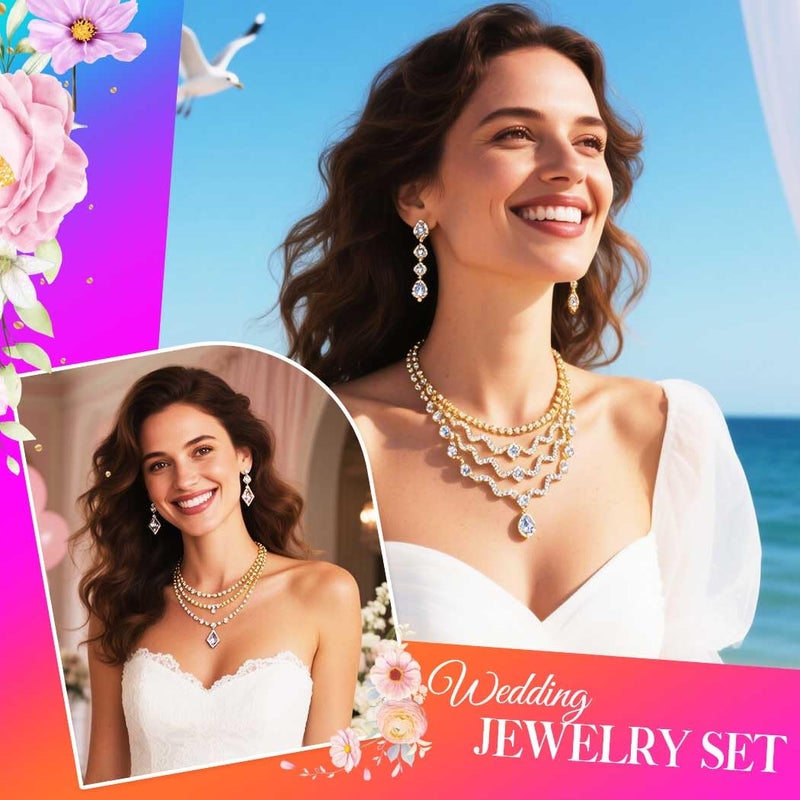 Unicra Rhinestone Bridal Wedding Jewelry Sets Gold Choker Necklace Earrings Bracelet Ring Set Prom Formal Costume Jewelry Set for Women and Brides (Gold) - Image 4