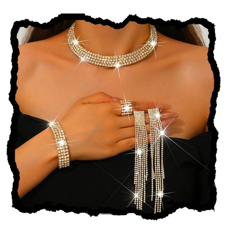Unicra Rhinestone Bridal Wedding Jewelry Sets Gold Choker Necklace Earrings Bracelet Ring Set Prom Formal Costume Jewelry Set for Women and Brides (Gold) - Image 1