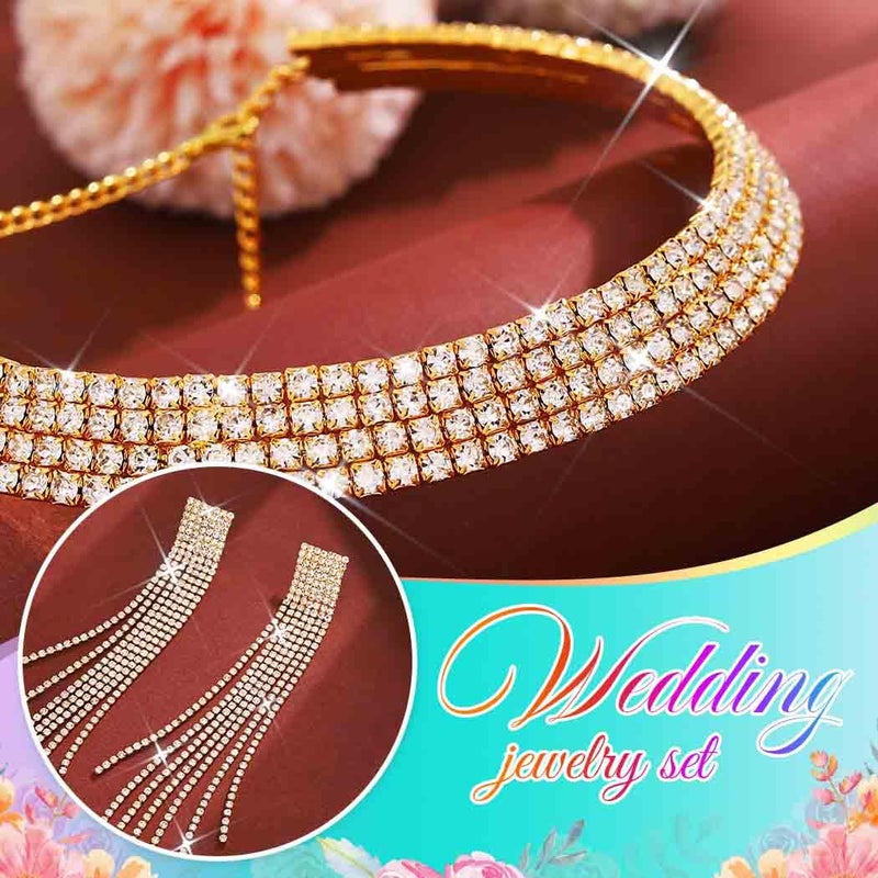 Unicra Rhinestone Bridal Wedding Jewelry Sets Gold Choker Necklace Earrings Bracelet Ring Set Prom Formal Costume Jewelry Set for Women and Brides (Gold) - Image 5