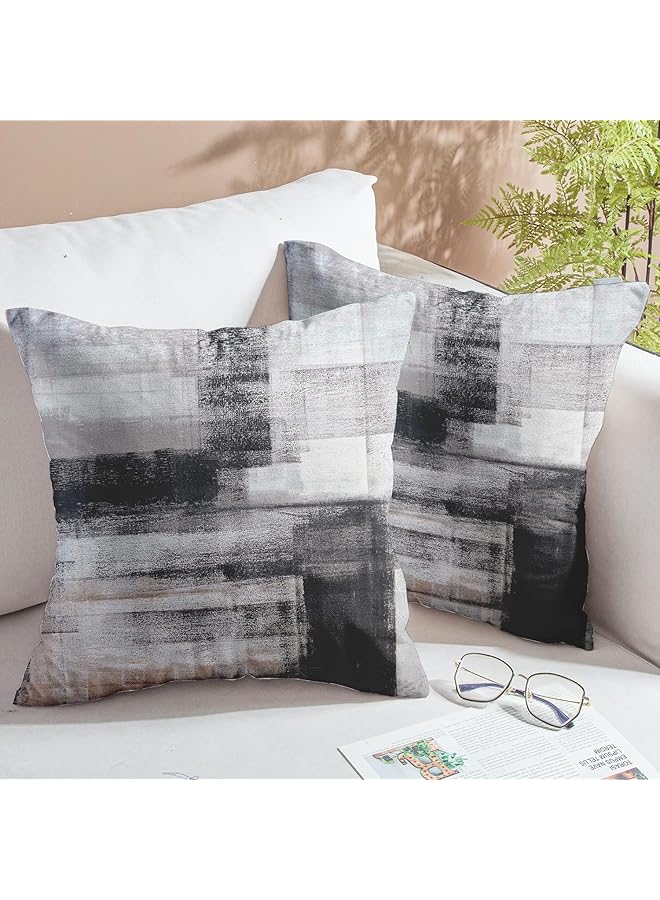 The Bros Black White Velvet Abstract Pillow Covers Set of 2, Modern Accent Gray Throw Pillow Cover, Soft Elegant Decorative Couch Cushion Cover, for Bed Living Room Outdoor Sofa Pillowcases 18x18 Inch - Image 1