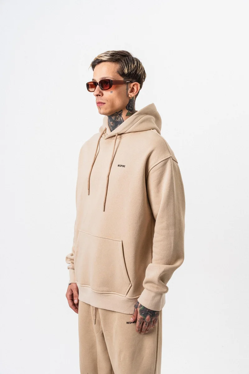 RESPIRE Men's Respire Letter Detail Basic Hooded Oversize Hoodie Beige