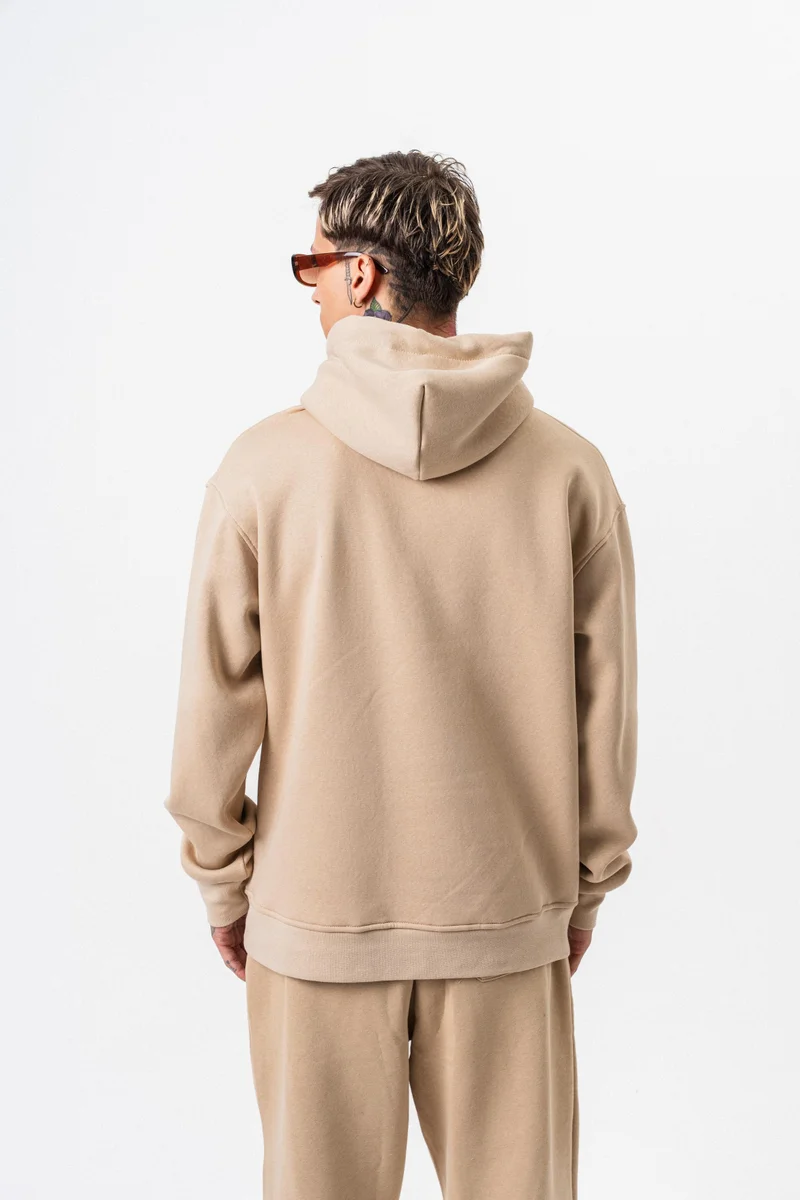 ريسباير هودي رجالي أساسي واسع (Oversize) بغطاء رأس بتفاصيل نص "Respire" لون بيج